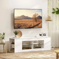Meuble TV Blanc Minimaliste 140x42,5 cm – Verre Trempé | 6 Compartiments | TV 65" | Certifié FSC | Salon