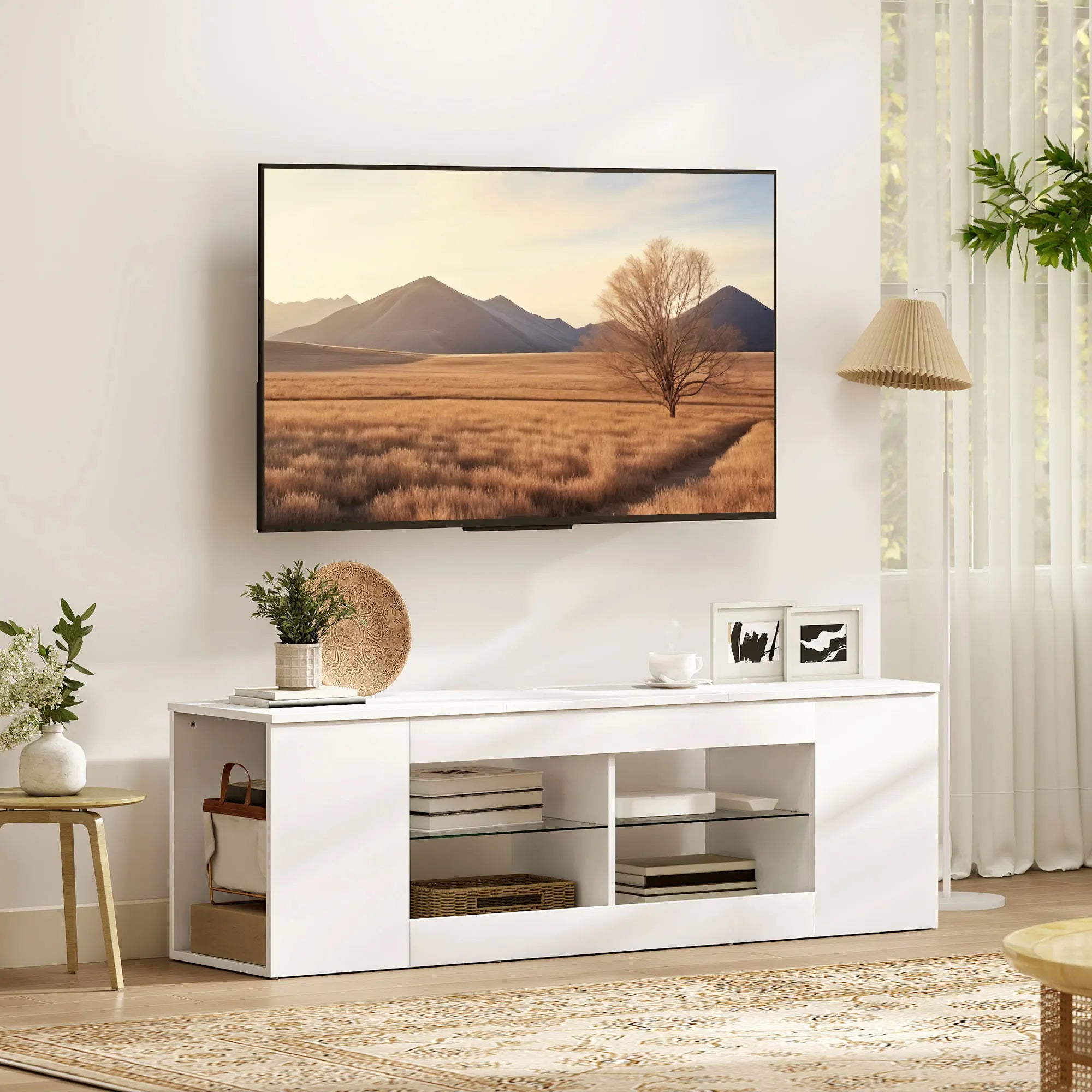 Meuble TV Blanc Minimaliste 140x42,5 cm – Verre Trempé | 6 Compartiments | TV 65" | Certifié FSC | Salon