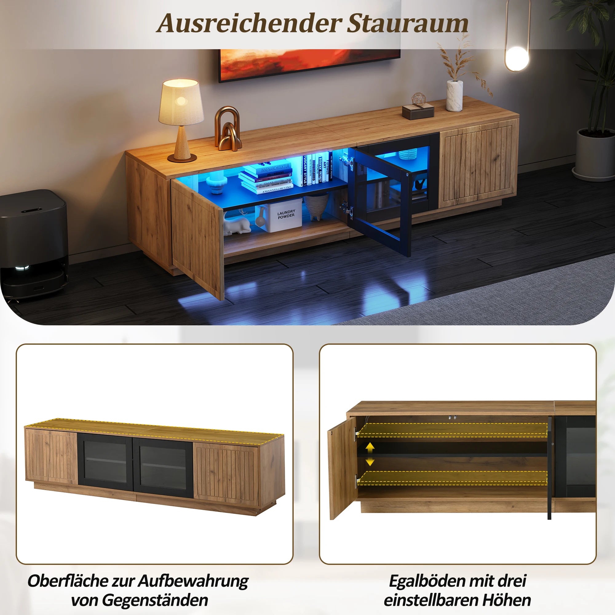 Meuble TV 180x40x45 cm Bois Naturel & Noir – LED App | 4 Portes | Verre Trempé | 3 Niveaux | TV 75"