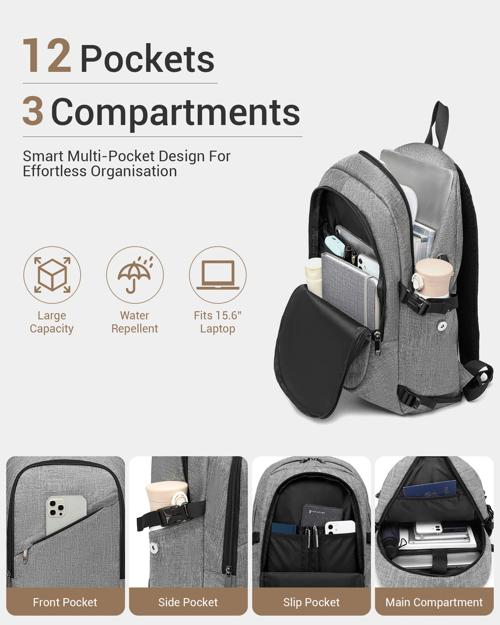 KONO Laptop Backpack 15.6 Inches Water-Resistant Anti-Theft Business School Travel