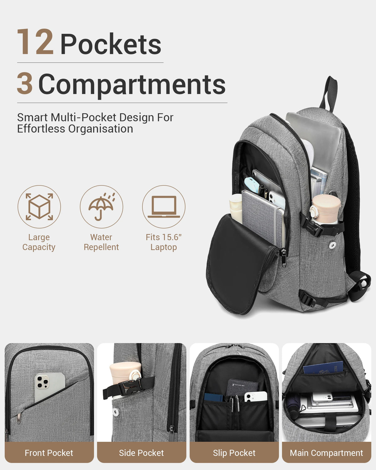 KONO Laptop Backpack 15.6 Inches Water-Resistant Anti-Theft Business School Travel