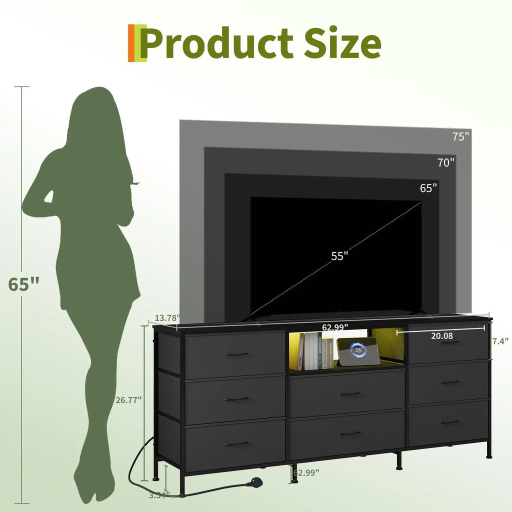 Meuble TV LED 160 cm – 8 Tiroirs Tissu | Cadre Acier | TV 75" | Gris Foncé | Salon & Chambre