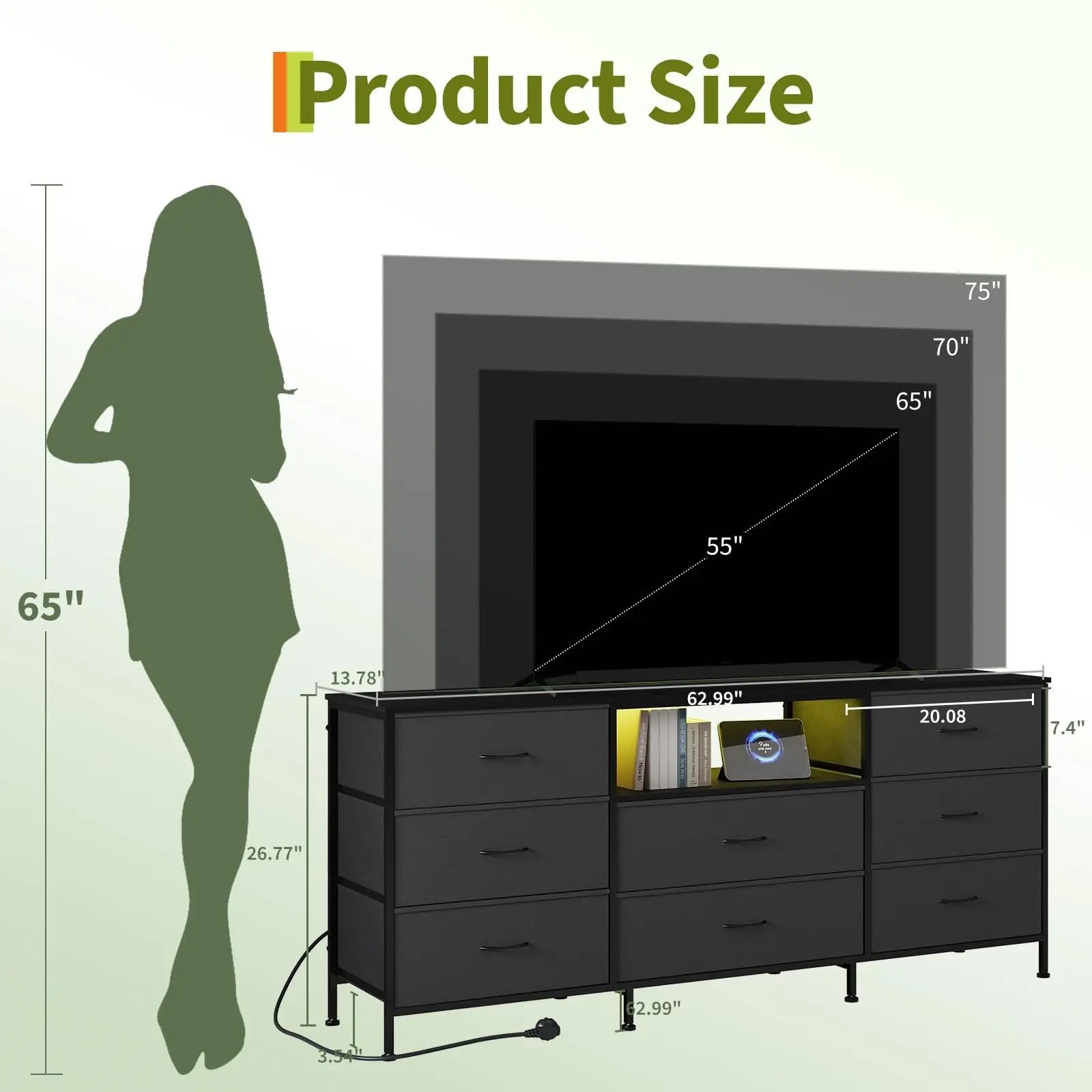 Meuble TV LED 160 cm – 8 Tiroirs Tissu | Cadre Acier | TV 75" | Gris Foncé | Salon & Chambre