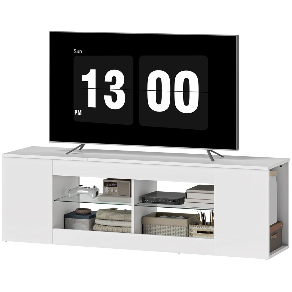 Meuble TV Blanc Minimaliste 140x42,5 cm – Verre Trempé | 6 Compartiments | TV 65" | Certifié FSC | Salon