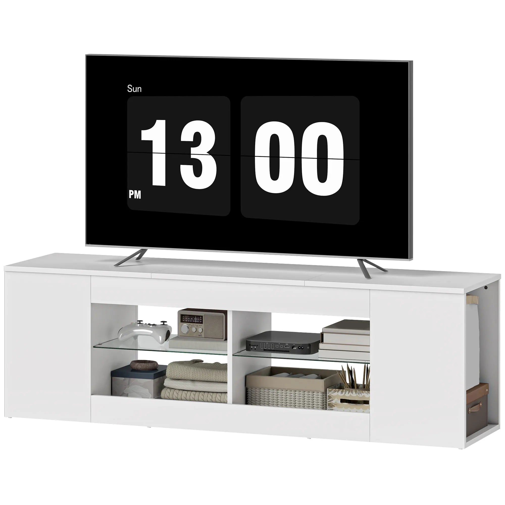 Meuble TV Blanc Minimaliste 140x42,5 cm – Verre Trempé | 6 Compartiments | TV 65" | Certifié FSC | Salon