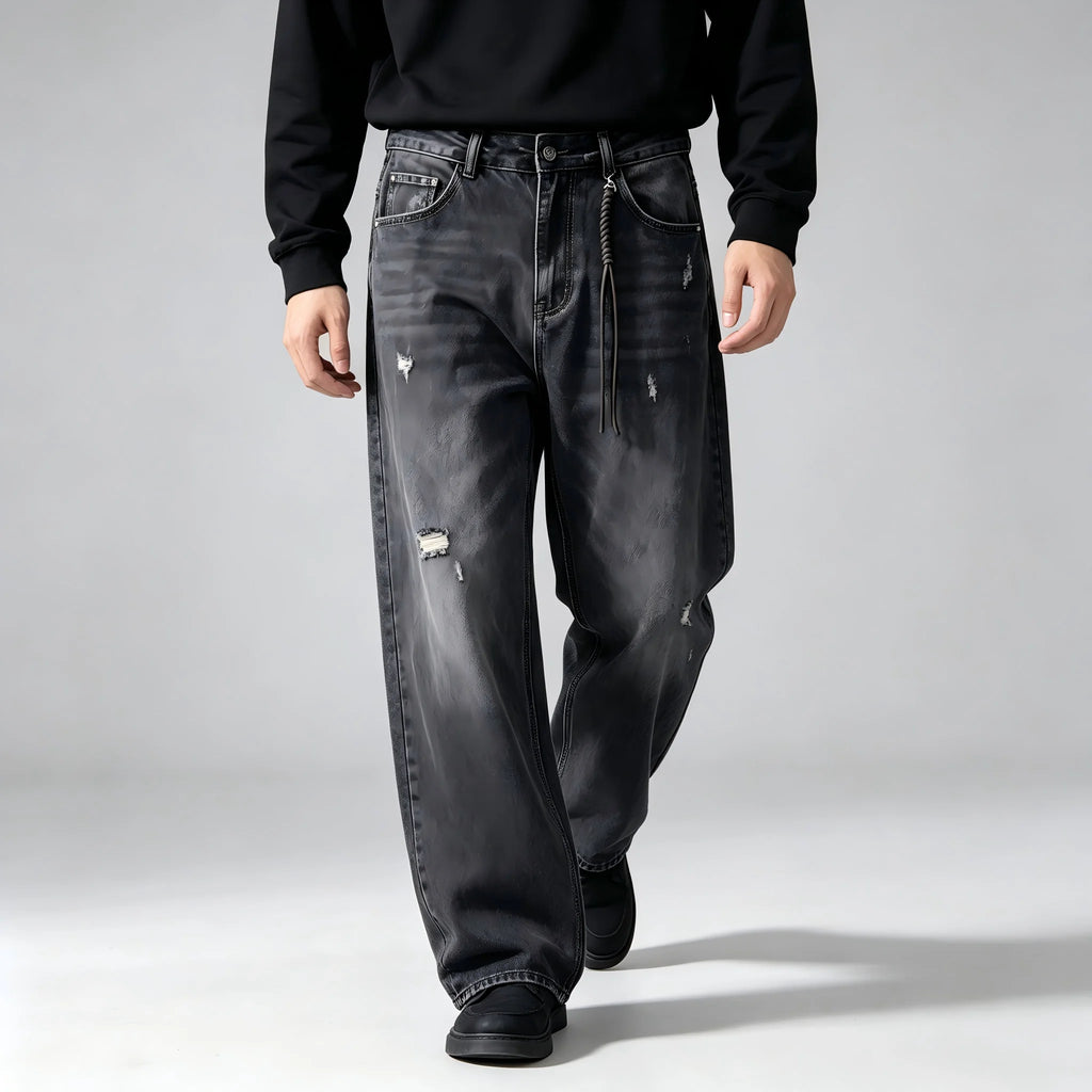 Jean Ample Homme Vintage Streetwear – Lavage Noir Fané Déchiré | Cordon Taille | Toutes Saisons