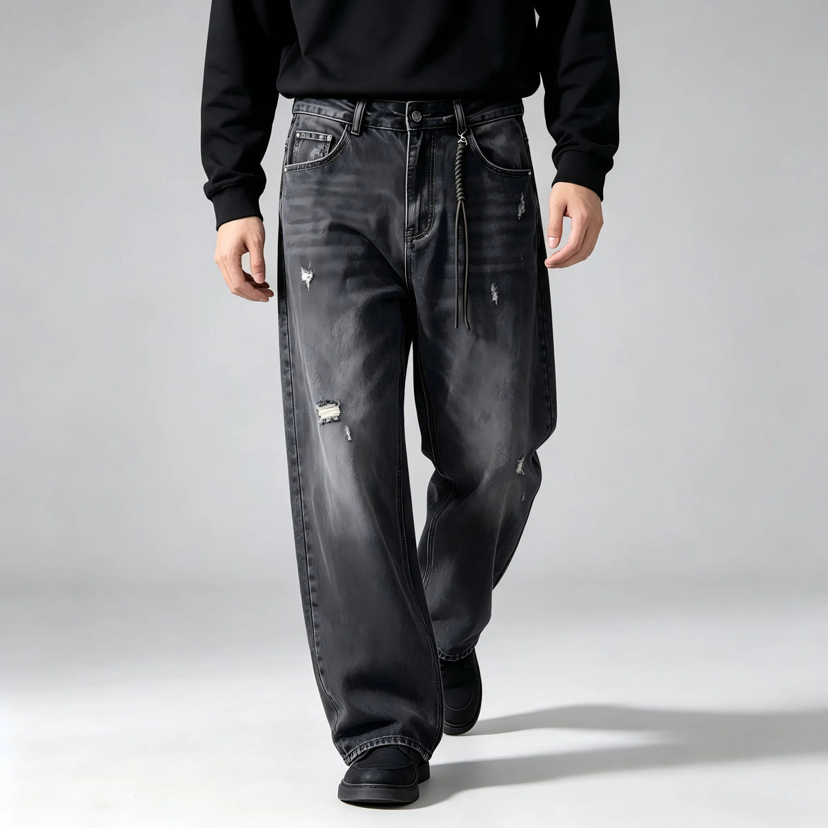Jean Ample Homme Vintage Streetwear – Lavage Noir Fané Déchiré | Cordon Taille | Toutes Saisons