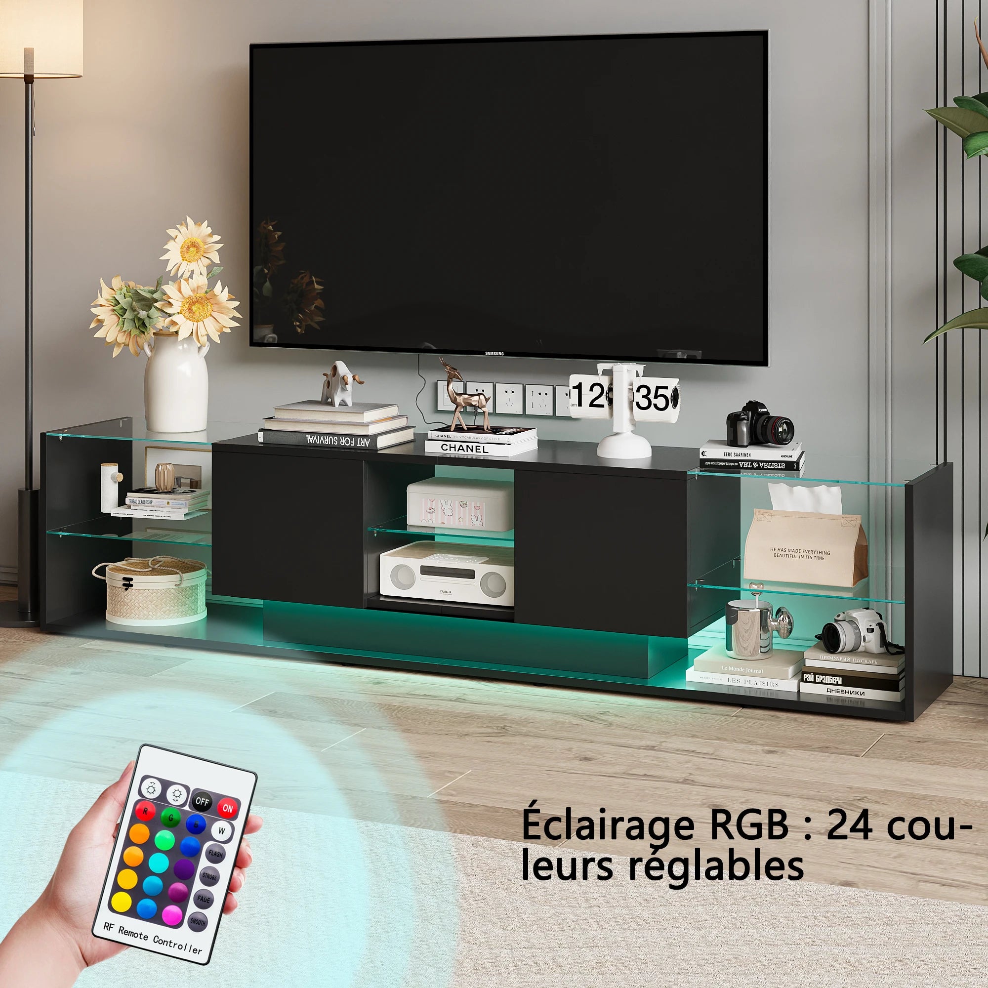 Meuble TV Comanlai 200x45x35 cm Noir – LED RGB 24 Couleurs | 2 Tiroirs | Étagères Verre | Design Flottant