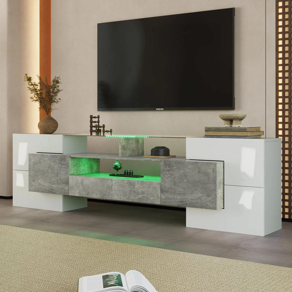 Meuble TV Anajqaqia 200x35x60 cm Blanc Haute Brillance – LED | 6 Portes | 2 Tiroirs | 3 Niches | Salon