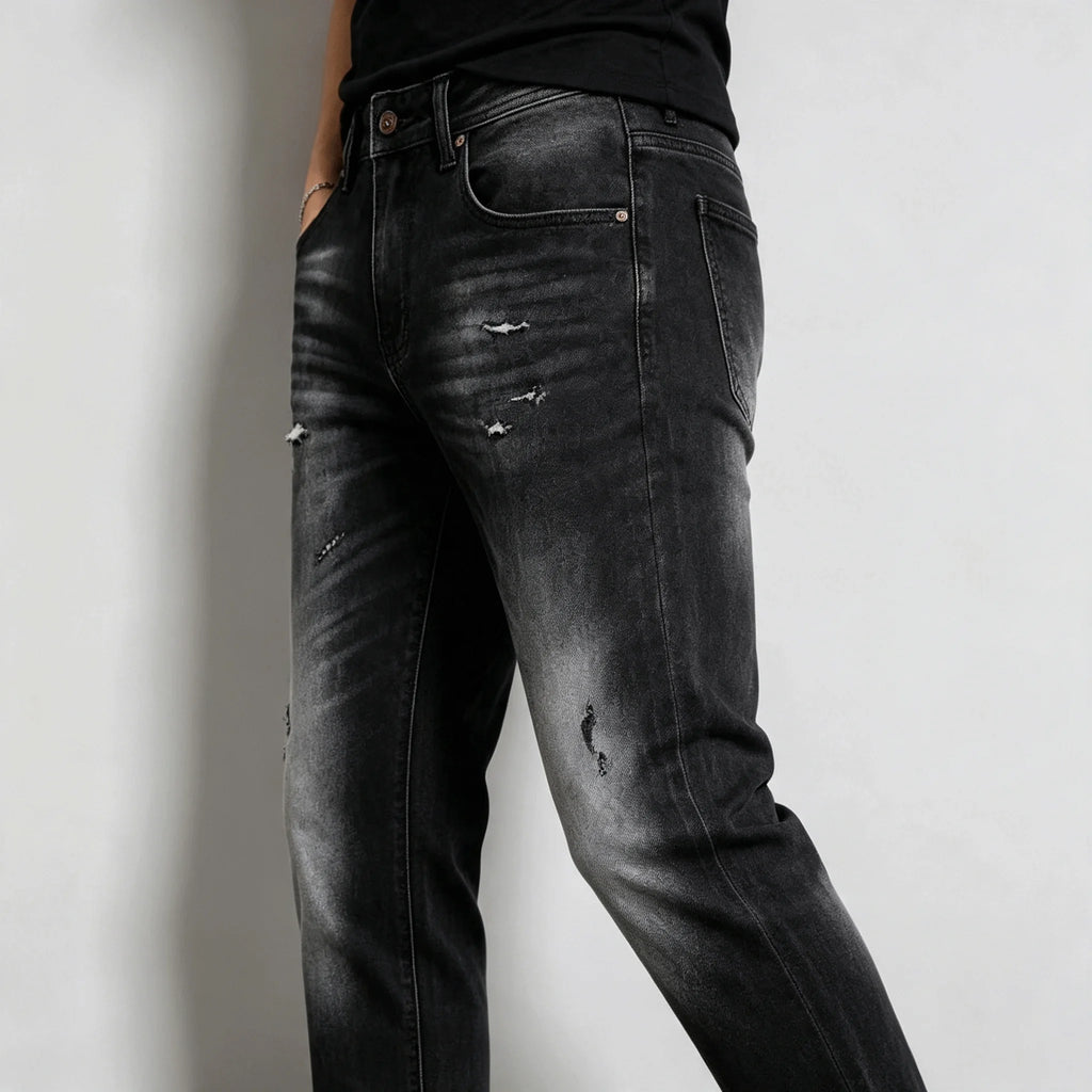 Jean Noir Dégradé Coupe Droite Homme – Effet Déchiré & Wash