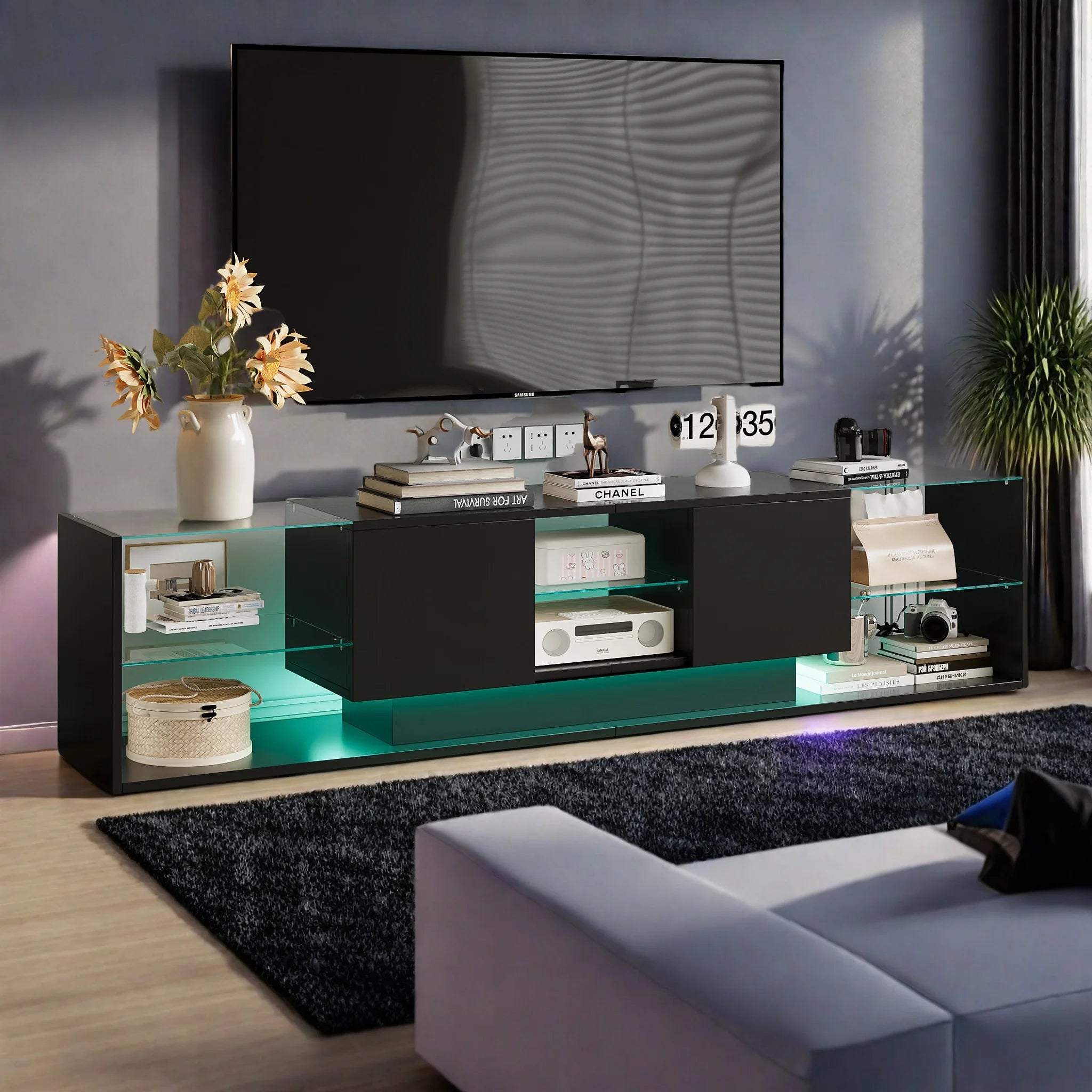 Meuble TV Comanlai 200x45x35 cm Noir – LED RGB 24 Couleurs | 2 Tiroirs | Étagères Verre | Design Flottant