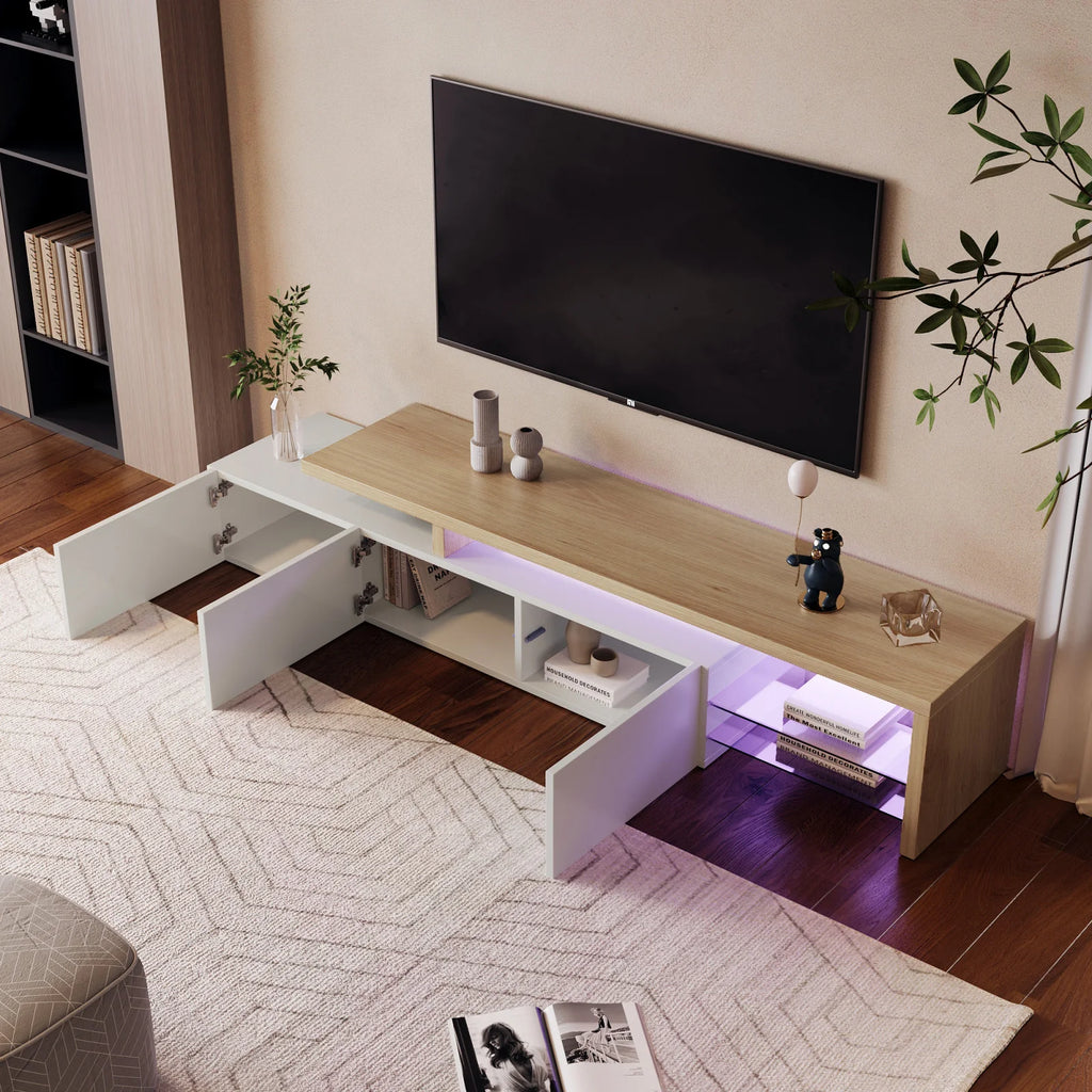 Meuble TV Anajqaqia 200x39x42 cm Blanc – 3 Portes | 2 Étagères Verre Trempé | Bicolore Bois | Salon