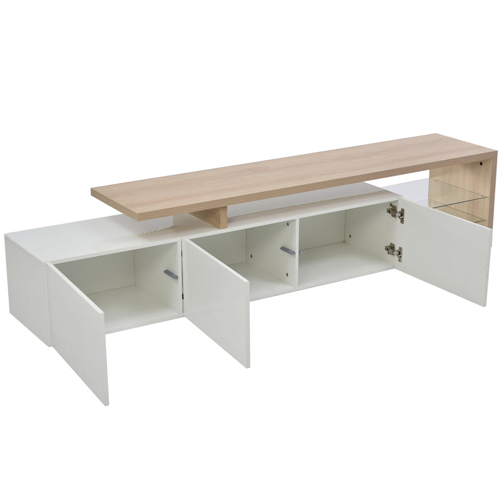 Meuble TV Anajqaqia 200x39x42 cm Blanc – 3 Portes | 2 Étagères Verre Trempé | Bicolore Bois | Salon