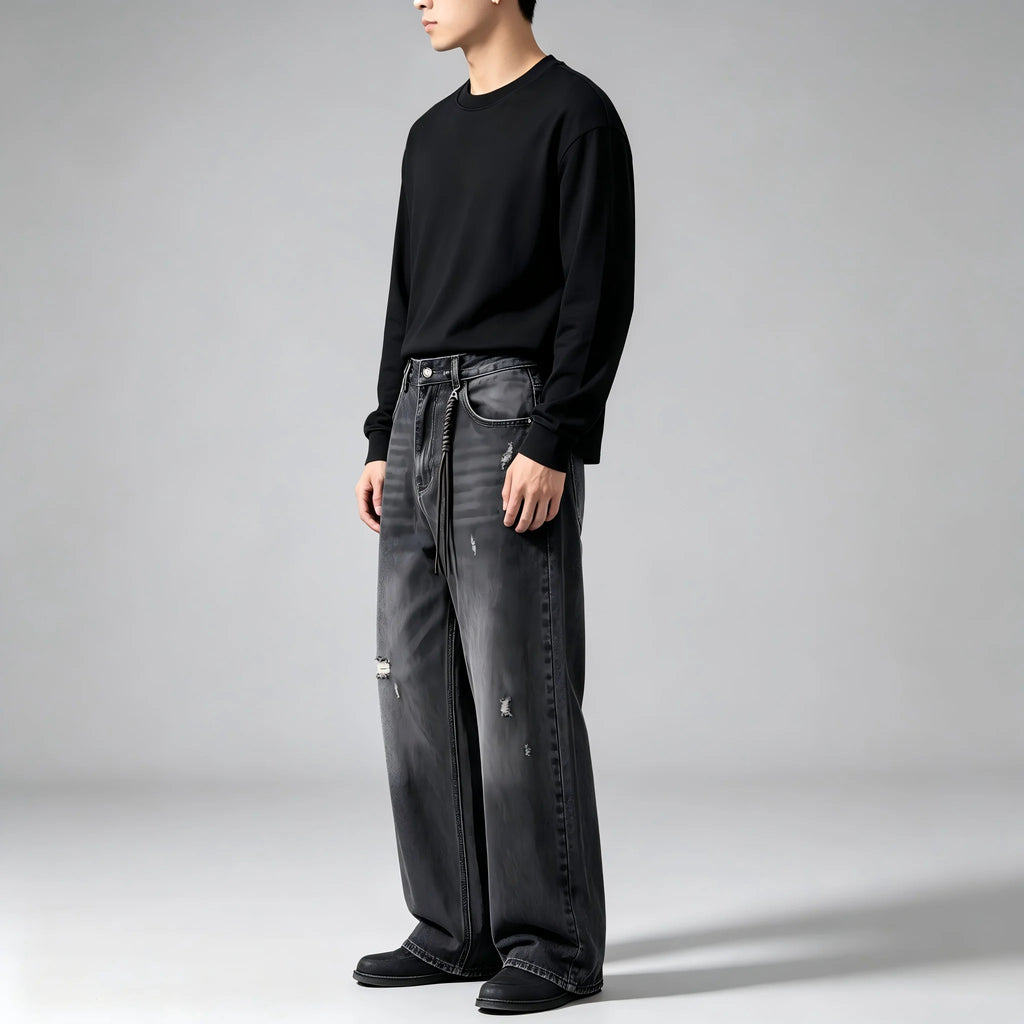 Jean Ample Homme Vintage Streetwear – Lavage Noir Fané Déchiré | Cordon Taille | Toutes Saisons