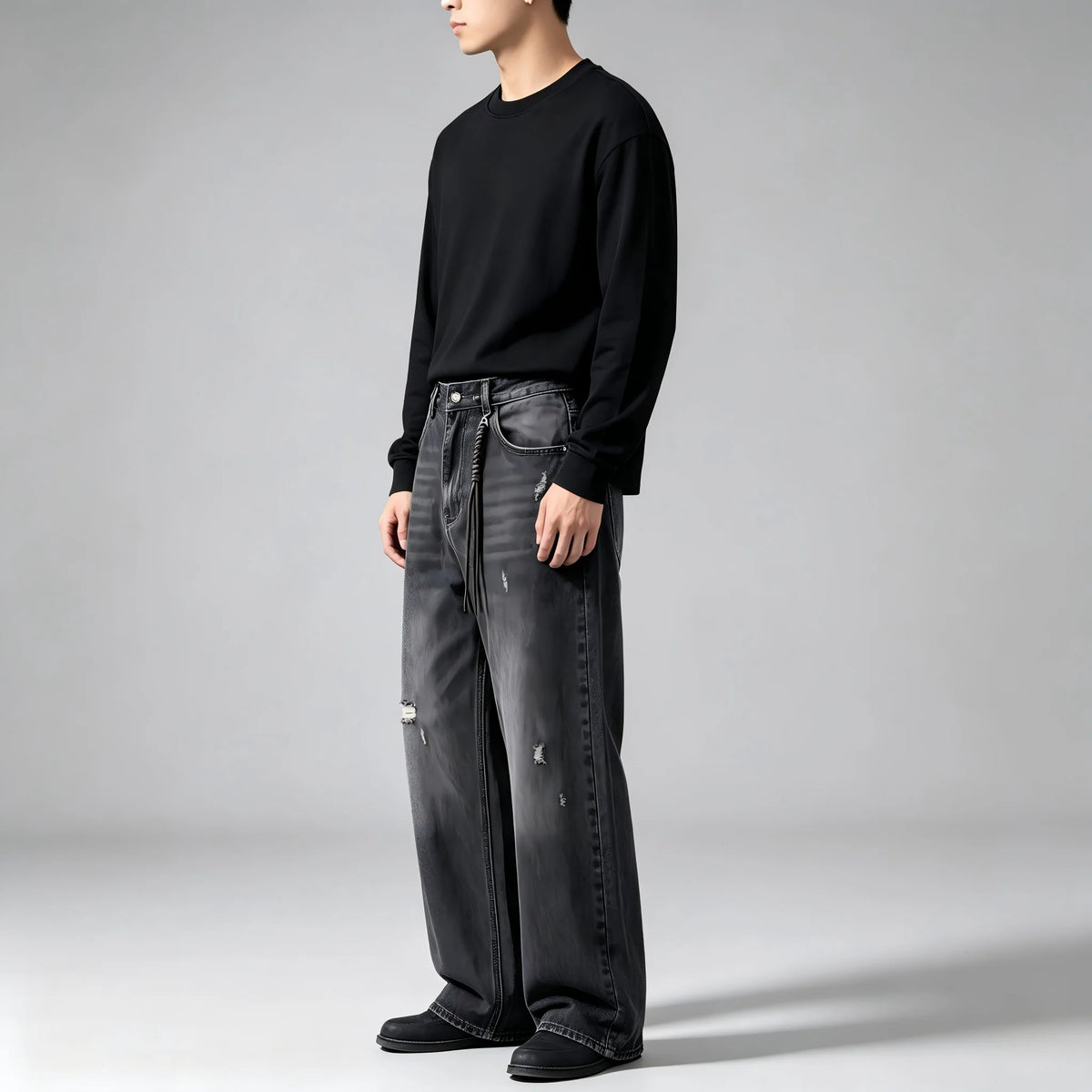 Jean Ample Homme Vintage Streetwear – Lavage Noir Fané Déchiré | Cordon Taille | Toutes Saisons