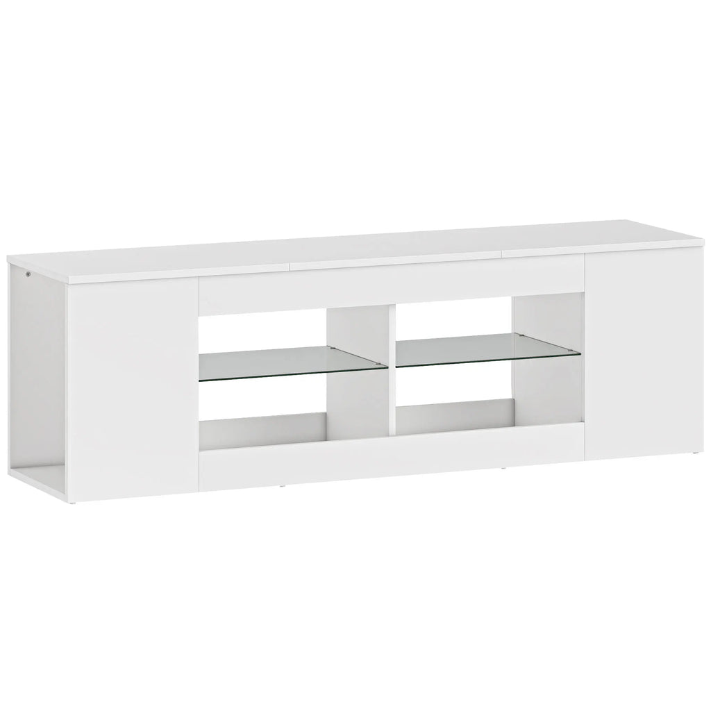 Meuble TV Blanc Minimaliste 140x42,5 cm – Verre Trempé | 6 Compartiments | TV 65" | Certifié FSC | Salon