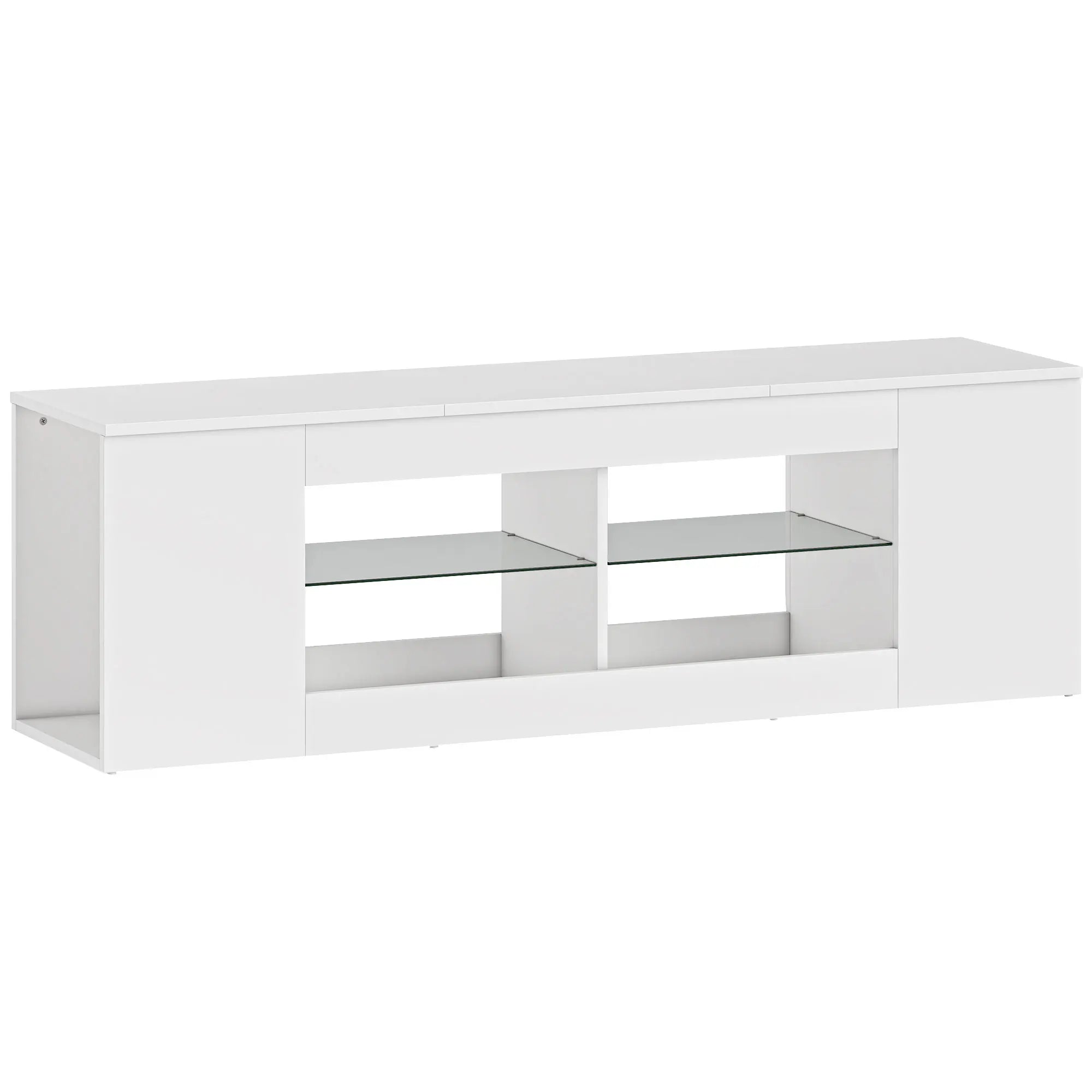Meuble TV Blanc Minimaliste 140x42,5 cm – Verre Trempé | 6 Compartiments | TV 65" | Certifié FSC | Salon