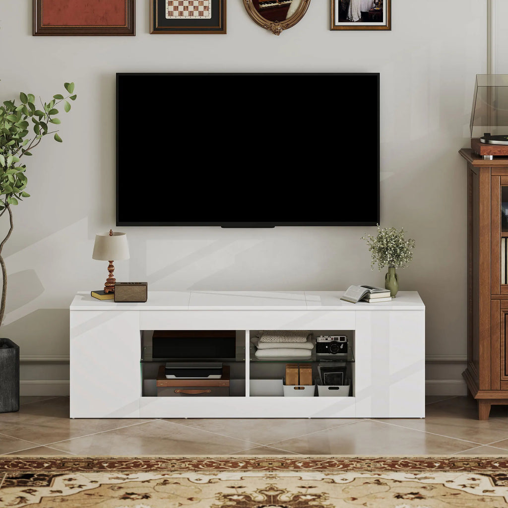 Meuble TV Blanc Minimaliste 140x42,5 cm – Verre Trempé | 6 Compartiments | TV 65" | Certifié FSC | Salon