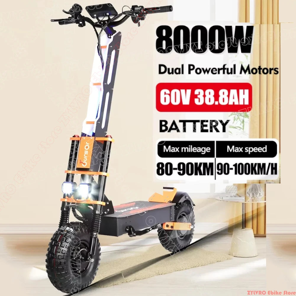 Trottinette Électrique EU X8 Adulte 8000W Double Moteur 60V 38AH – Tout-terrain 14 pouces, Vitesse max 100 km/h, Autonomie 120 km, Charge 200 kg