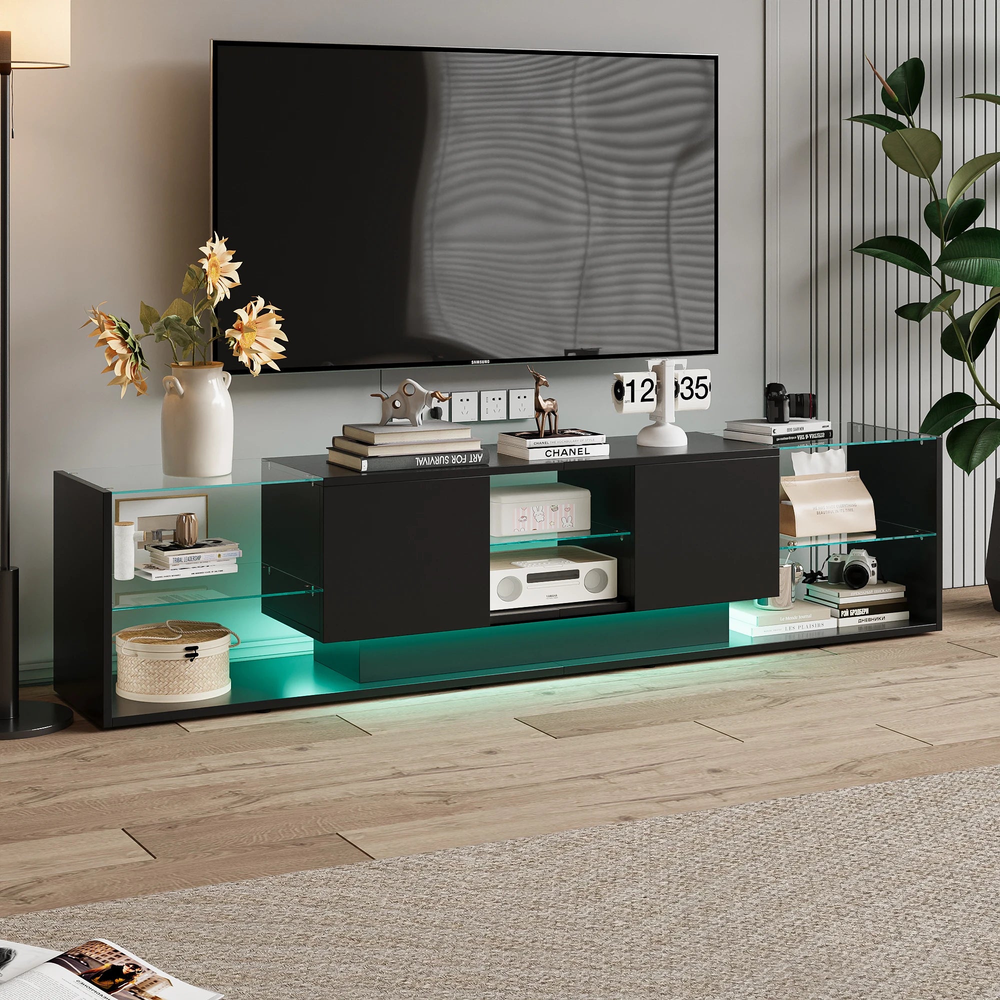 Meuble TV Comanlai 200x45x35 cm Noir – LED RGB 24 Couleurs | 2 Tiroirs | Étagères Verre | Design Flottant