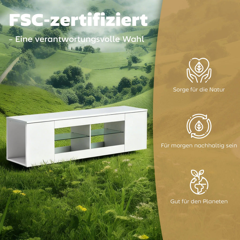 Meuble TV Blanc Minimaliste 140x42,5 cm – Verre Trempé | 6 Compartiments | TV 65" | Certifié FSC | Salon