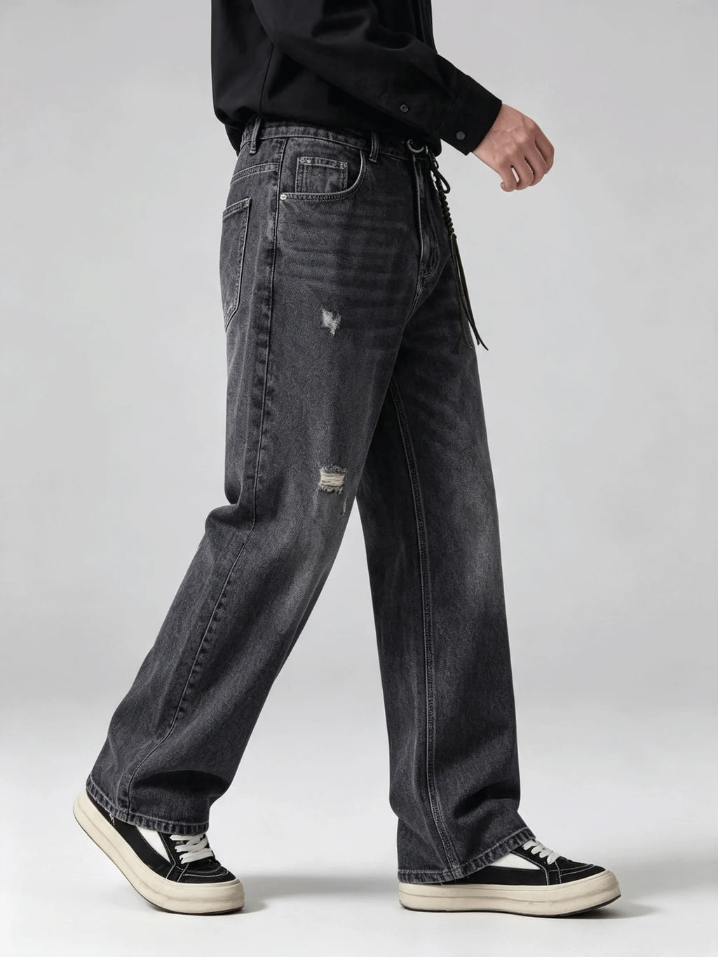 Jean Ample Homme Vintage Streetwear – Lavage Noir Fané Déchiré | Cordon Taille | Toutes Saisons