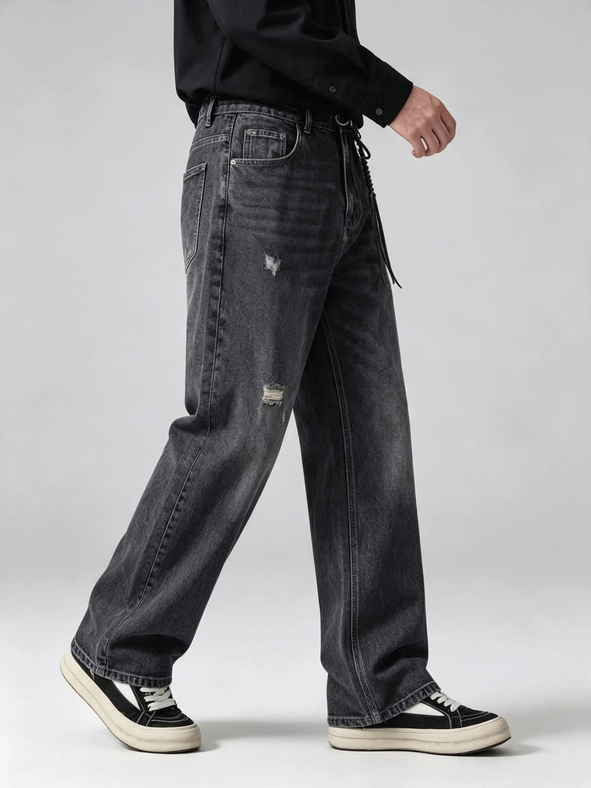 Jean Ample Homme Vintage Streetwear – Lavage Noir Fané Déchiré | Cordon Taille | Toutes Saisons