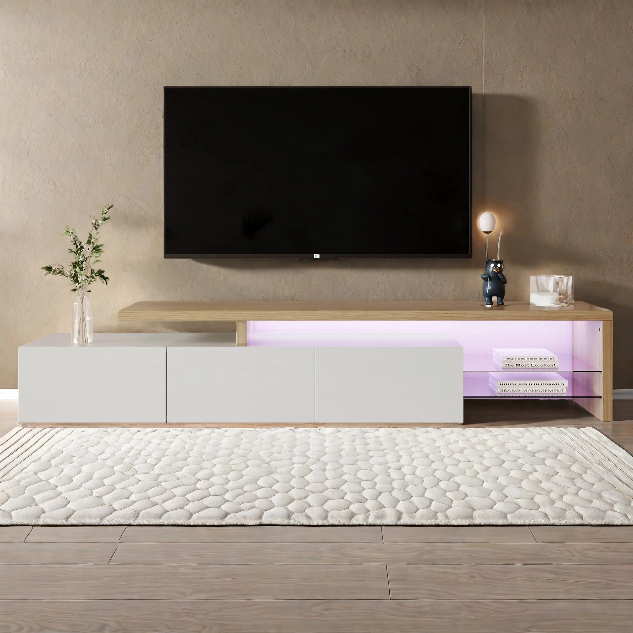 Meuble TV Anajqaqia 200x39x42 cm Blanc – 3 Portes | 2 Étagères Verre Trempé | Bicolore Bois | Salon