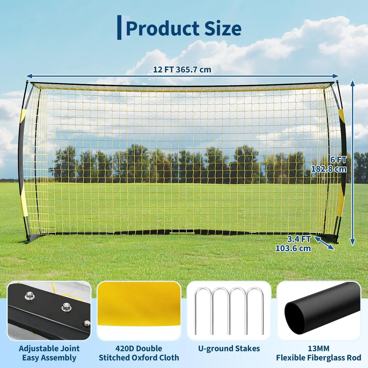 Portable Soccer Goal, Soccer Practice Net Wth Foldable Metal Base, 4 U-Shaped Ground Pegs and Storage Bag, 365cm × 182cm