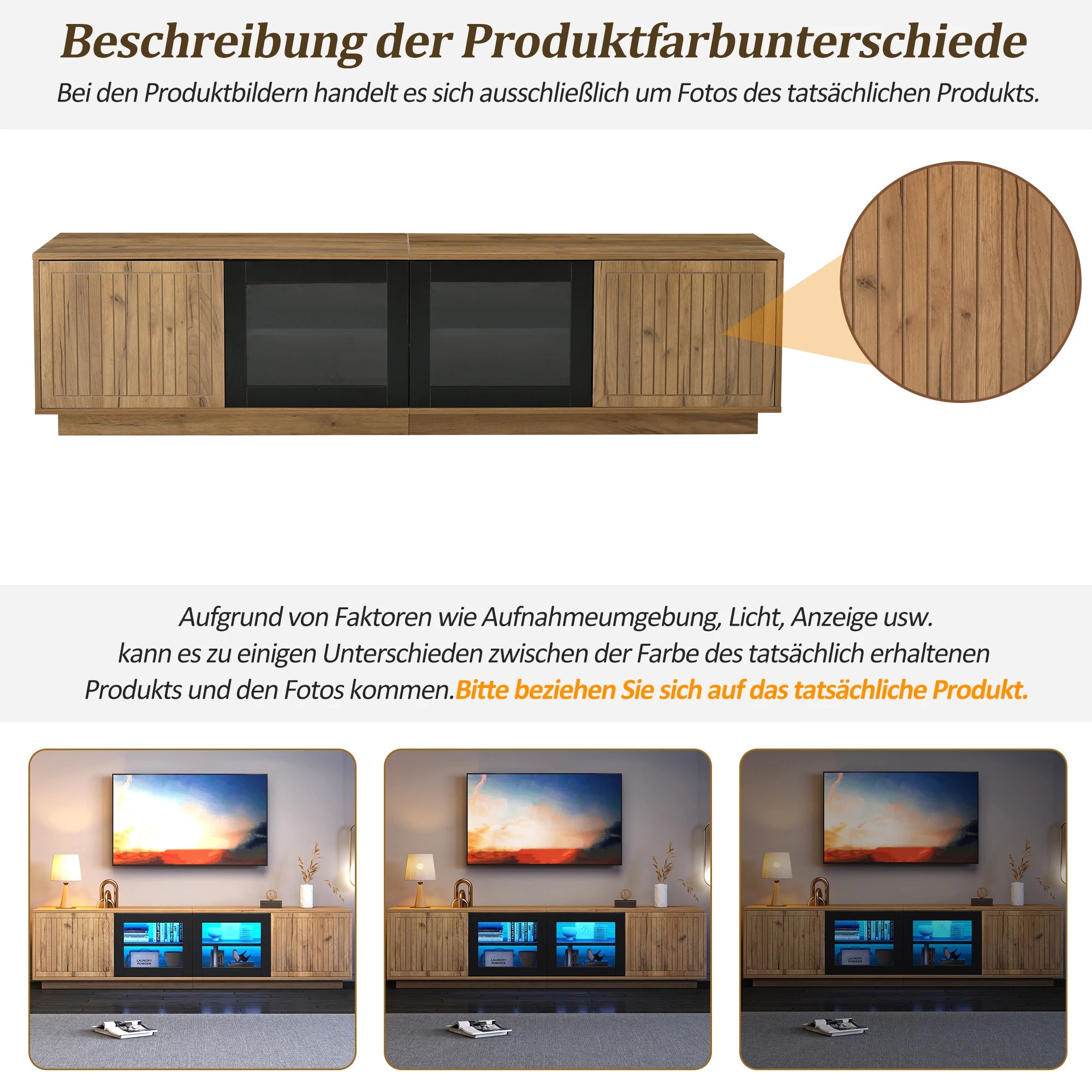 Meuble TV 180x40x45 cm Bois Naturel & Noir – LED App | 4 Portes | Verre Trempé | 3 Niveaux | TV 75"