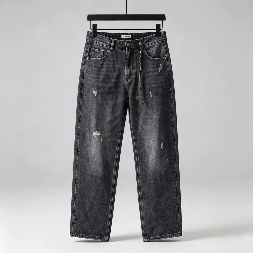 Jean Ample Homme Vintage Streetwear – Lavage Noir Fané Déchiré | Cordon Taille | Toutes Saisons