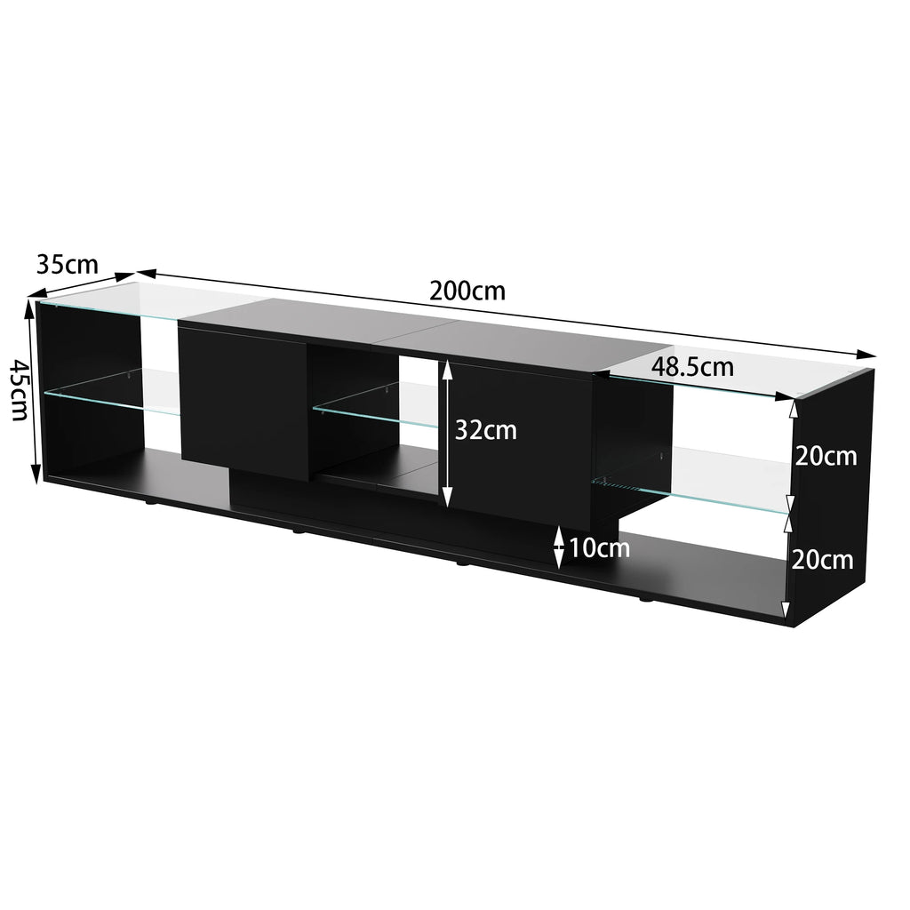 Meuble TV Comanlai 200x45x35 cm Noir – LED RGB 24 Couleurs | 2 Tiroirs | Étagères Verre | Design Flottant