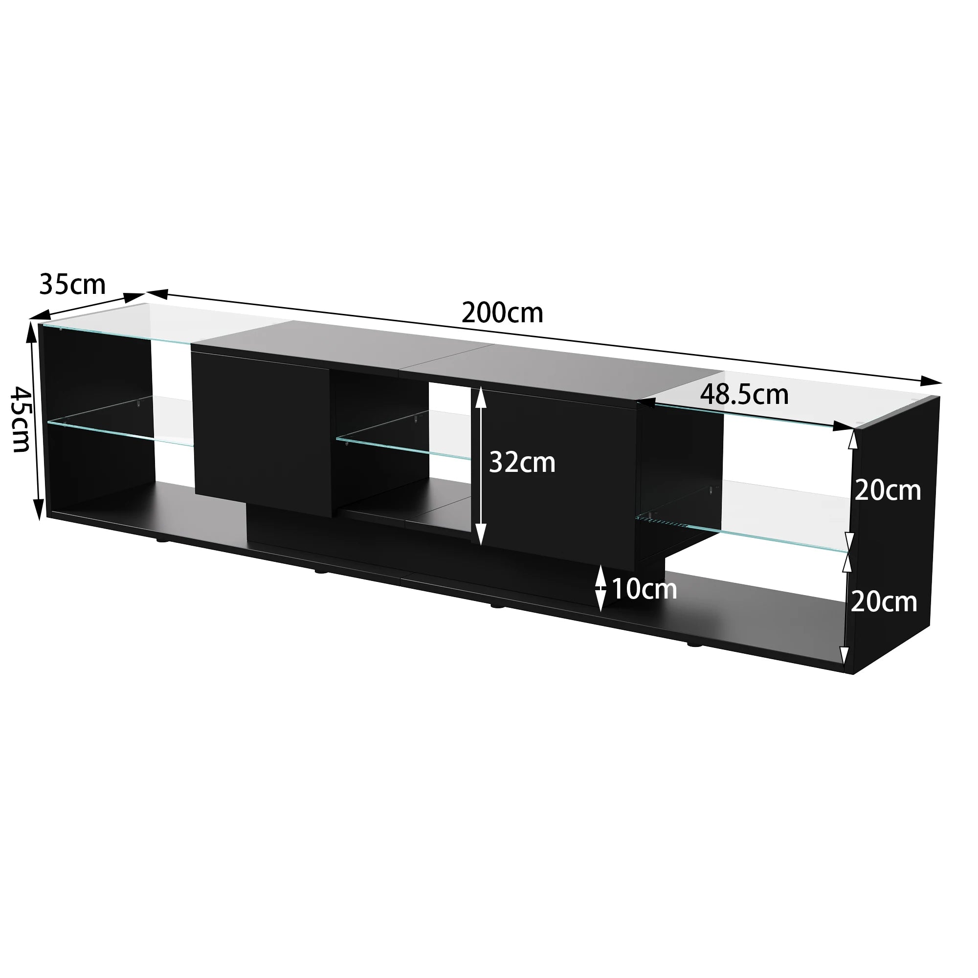 Meuble TV Comanlai 200x45x35 cm Noir – LED RGB 24 Couleurs | 2 Tiroirs | Étagères Verre | Design Flottant