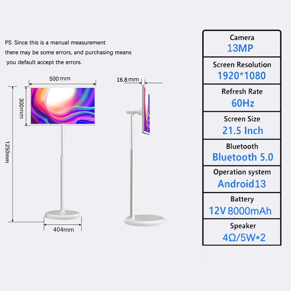 Smart TV Android Portable 21,5" Tactile – 6Go RAM | 128Go NVMe | 8000mAh | 13MP | Roulettes | Blanc