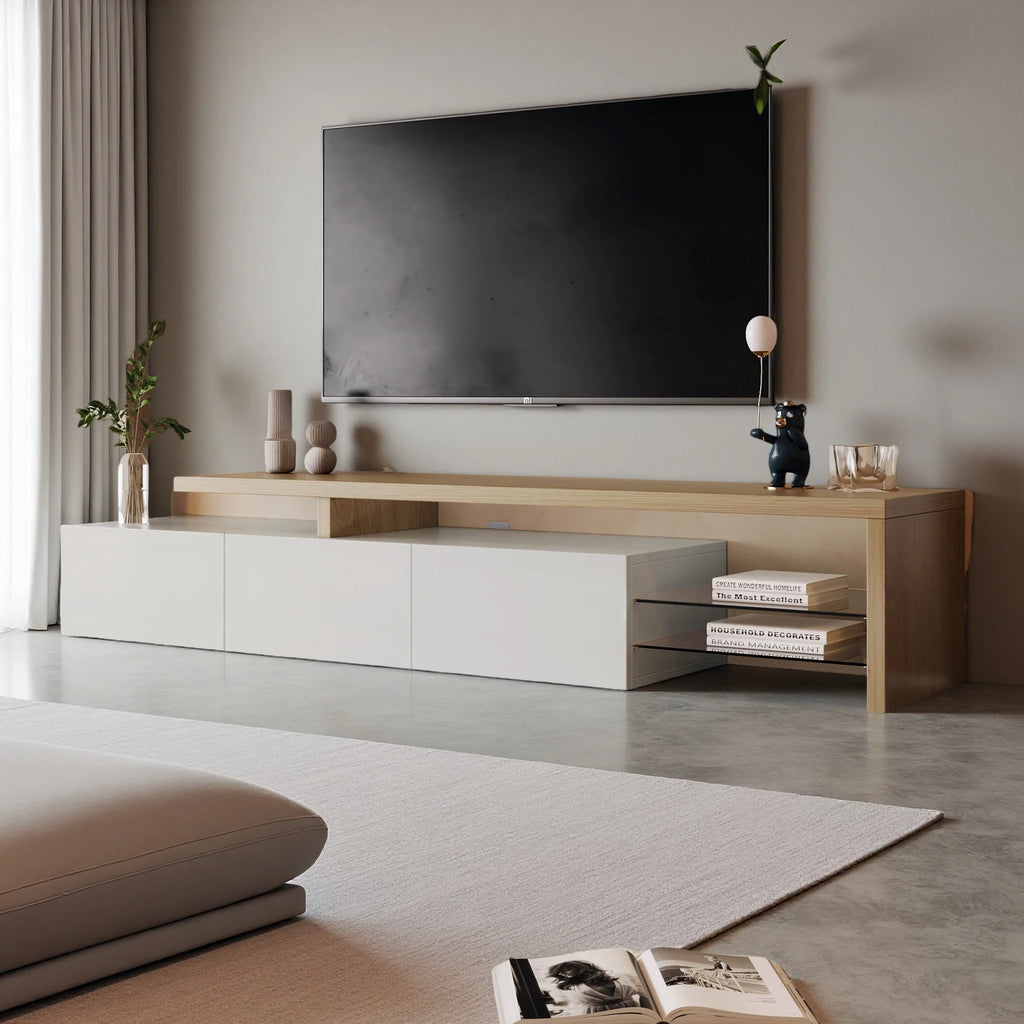 Meuble TV Anajqaqia 200x39x42 cm Blanc – 3 Portes | 2 Étagères Verre Trempé | Bicolore Bois | Salon