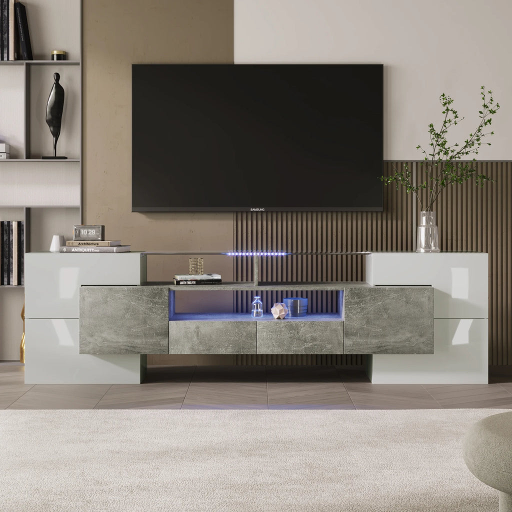 Meuble TV Anajqaqia 200x35x60 cm Blanc Haute Brillance – LED | 6 Portes | 2 Tiroirs | 3 Niches | Salon