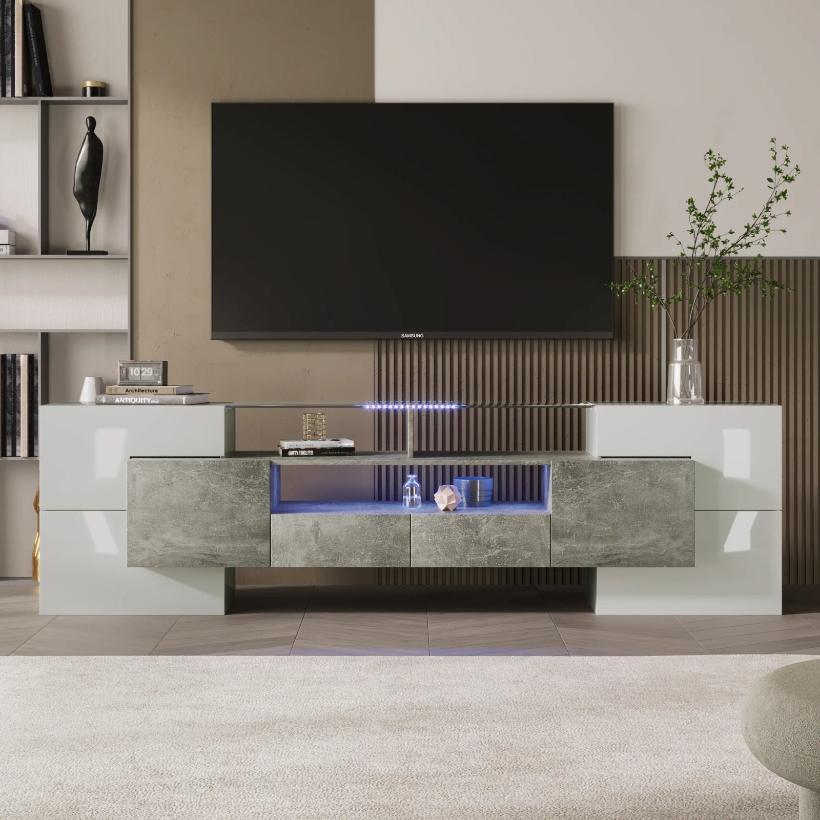 Meuble TV Anajqaqia 200x35x60 cm Blanc Haute Brillance – LED | 6 Portes | 2 Tiroirs | 3 Niches | Salon
