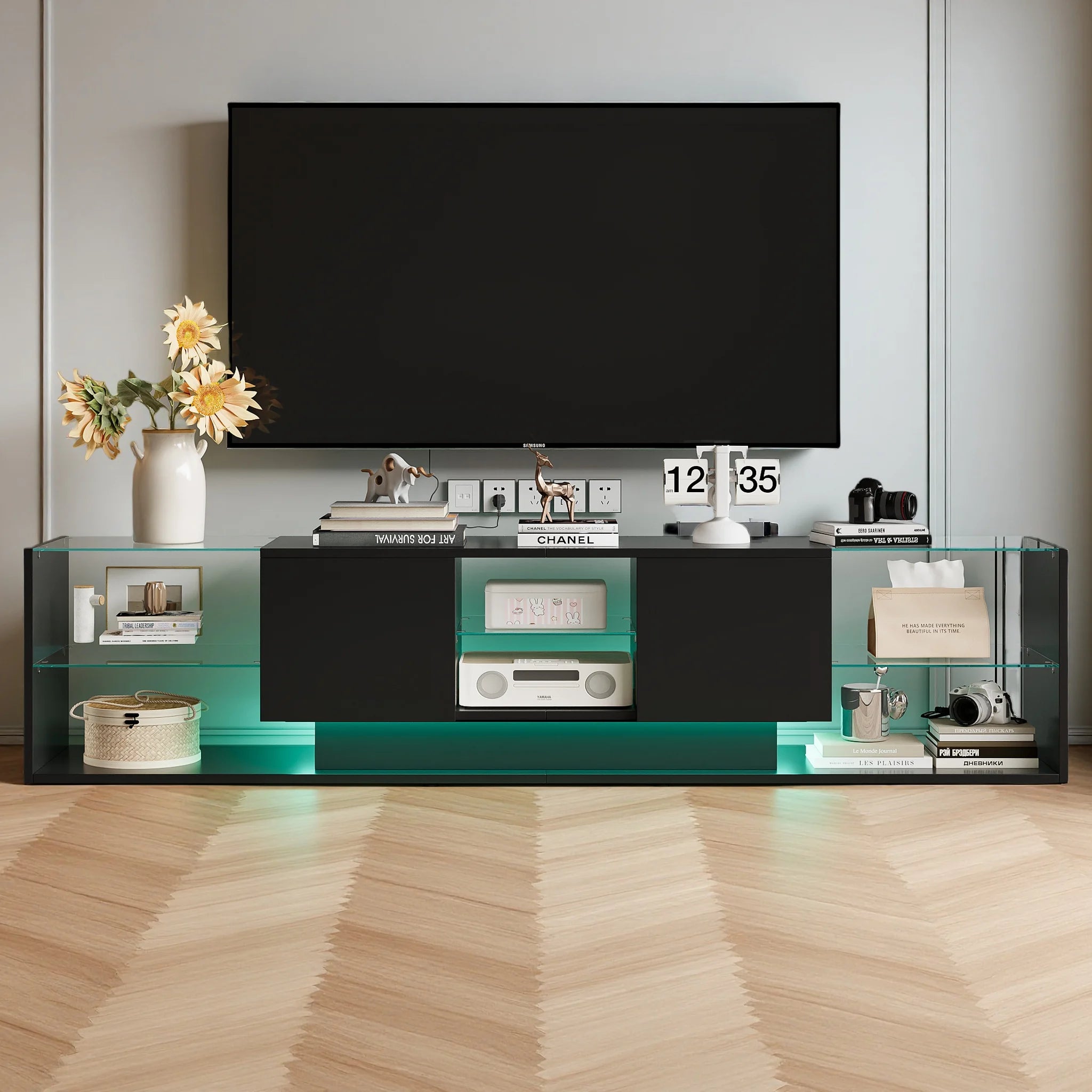 Meuble TV Comanlai 200x45x35 cm Noir – LED RGB 24 Couleurs | 2 Tiroirs | Étagères Verre | Design Flottant