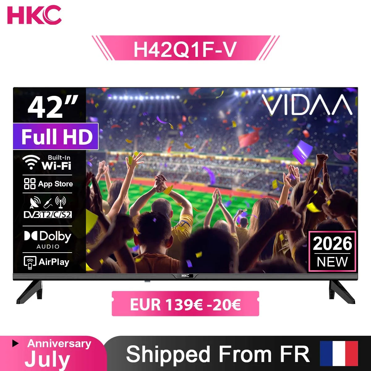 TV HKC 42" FHD Smart TV VIDAA – Dalle Sharp | HDR10 | Dolby Audio | DVB-T2/S2/C | 3x HDMI | Wi-Fi