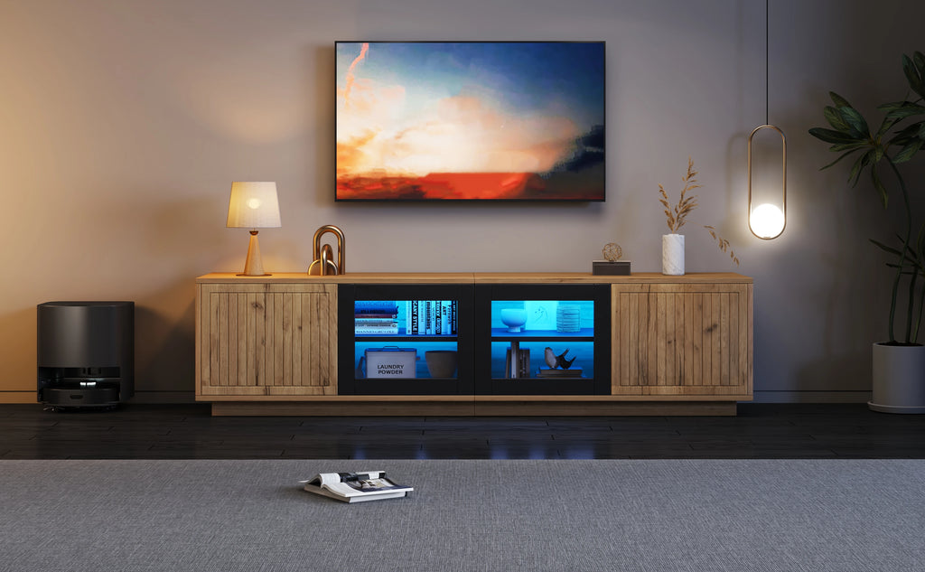 Meuble TV 180x40x45 cm Bois Naturel & Noir – LED App | 4 Portes | Verre Trempé | 3 Niveaux | TV 75"