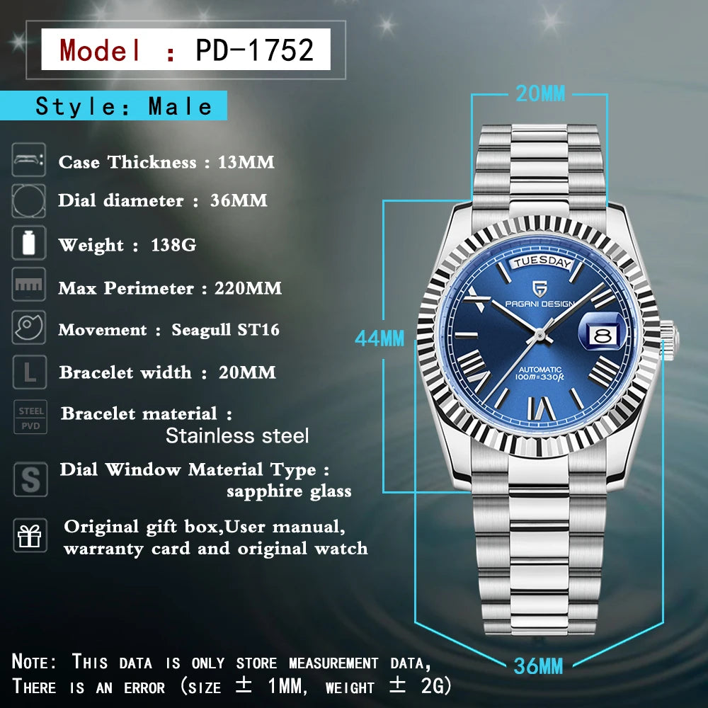 PAGANI DESIGN DD36 – Montre Automatique Homme Acier Inoxydable 316L | 100m Étanche | Bleu Glace