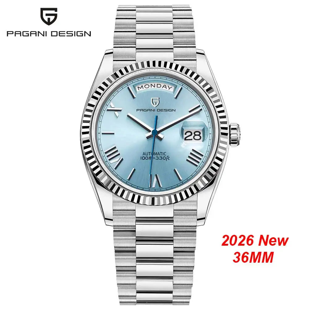 PAGANI DESIGN DD36 – Montre Automatique Homme Acier Inoxydable 316L | 100m Étanche | Bleu Glace