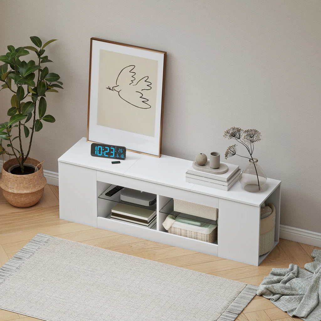 Meuble TV Blanc Minimaliste 140x42,5 cm – Verre Trempé | 6 Compartiments | TV 65" | Certifié FSC | Salon