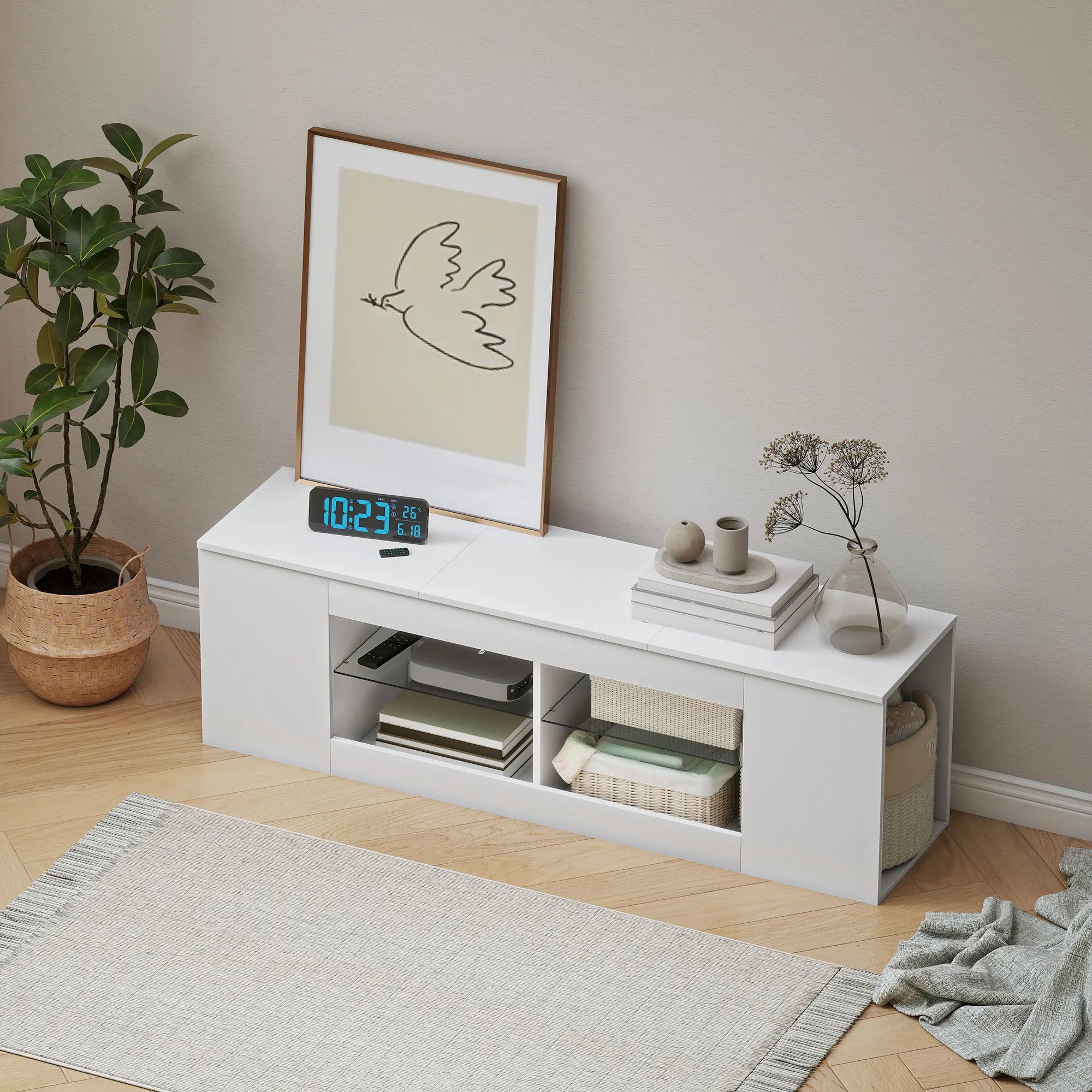 Meuble TV Blanc Minimaliste 140x42,5 cm – Verre Trempé | 6 Compartiments | TV 65" | Certifié FSC | Salon