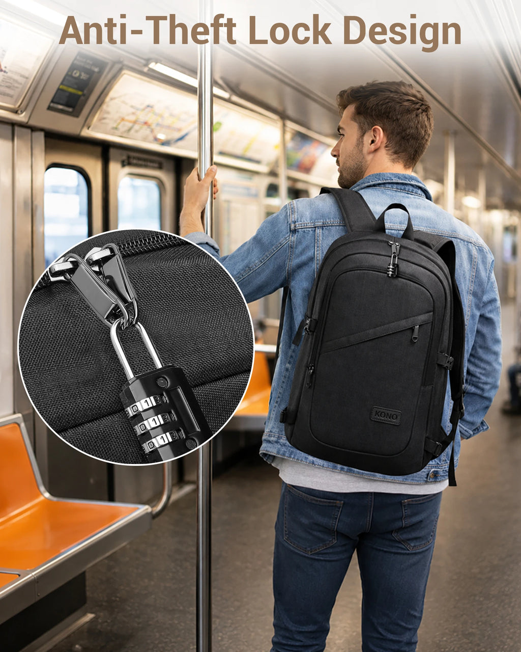 Kono anti-theft laptop backpack for travel business work and computer safety design for laptop up to 15.6 inches