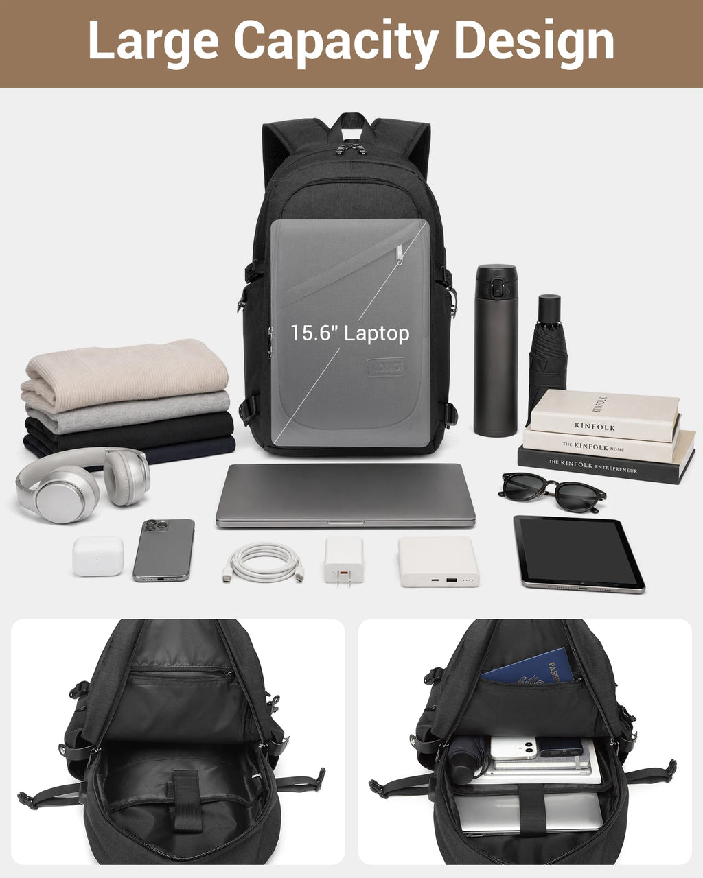Kono anti-theft laptop backpack for travel business work and computer safety design for laptop up to 15.6 inches