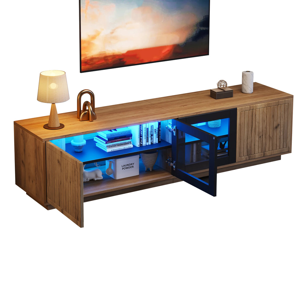 Meuble TV 180x40x45 cm Bois Naturel & Noir – LED App | 4 Portes | Verre Trempé | 3 Niveaux | TV 75"
