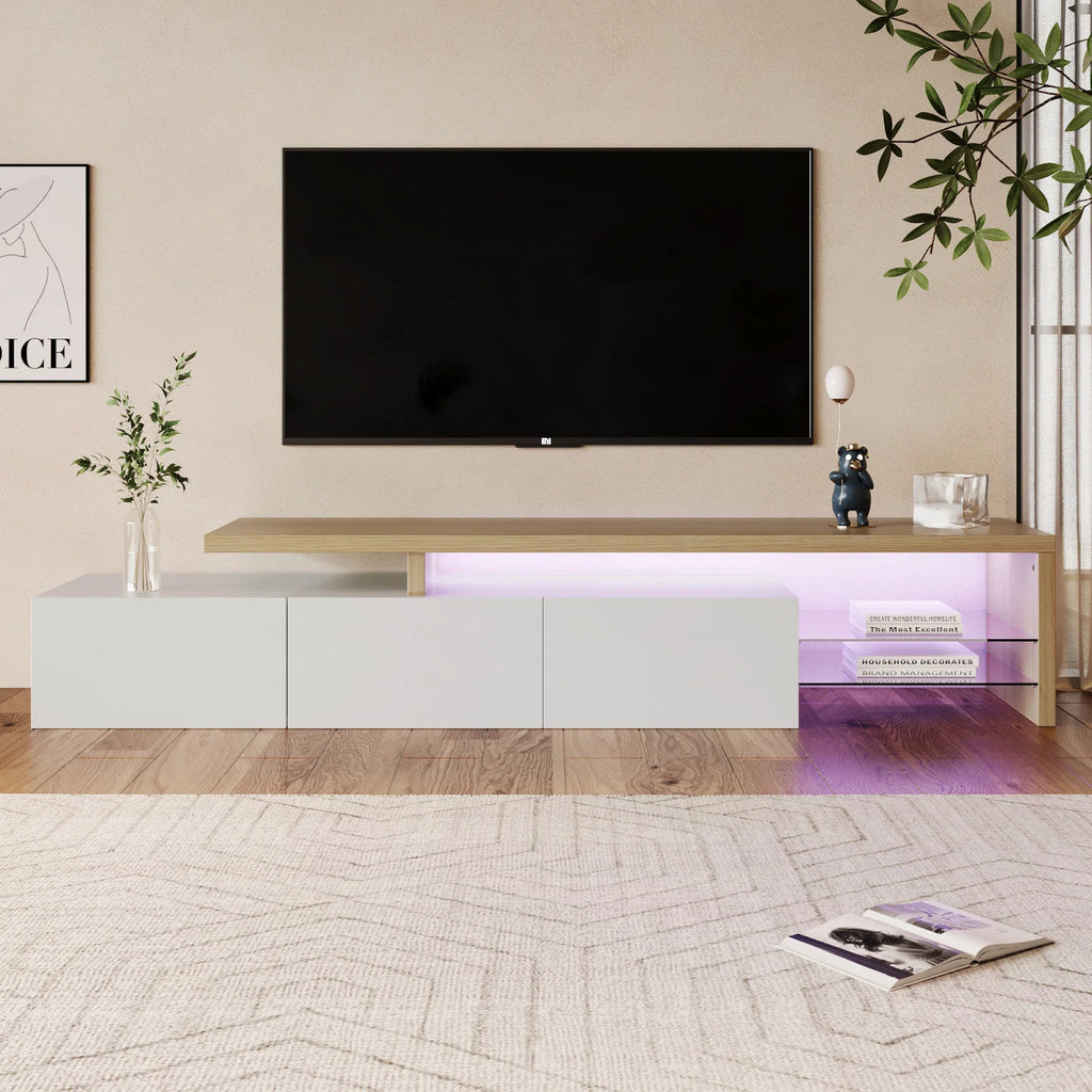 Meuble TV Anajqaqia 200x39x42 cm Blanc – 3 Portes | 2 Étagères Verre Trempé | Bicolore Bois | Salon