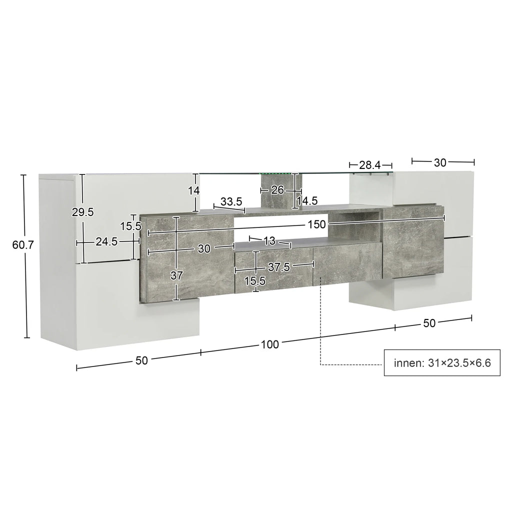Meuble TV Anajqaqia 200x35x60 cm Blanc Haute Brillance – LED | 6 Portes | 2 Tiroirs | 3 Niches | Salon