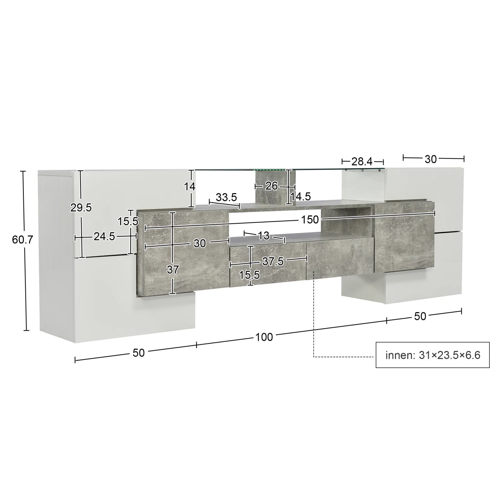 Meuble TV Anajqaqia 200x35x60 cm Blanc Haute Brillance – LED | 6 Portes | 2 Tiroirs | 3 Niches | Salon
